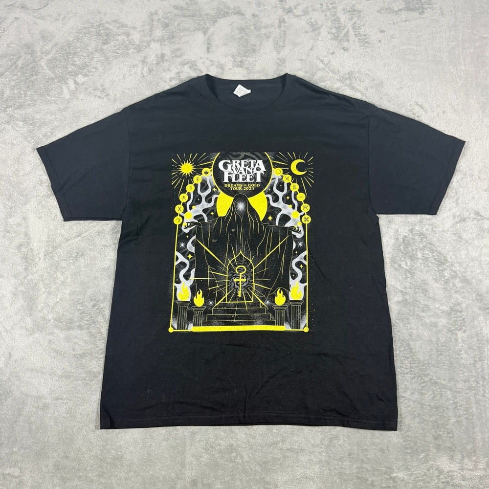 Greta Van Fleet Unisex Large T-Shirt Dreams in Gold Tour 2023 Black Graphic Tee